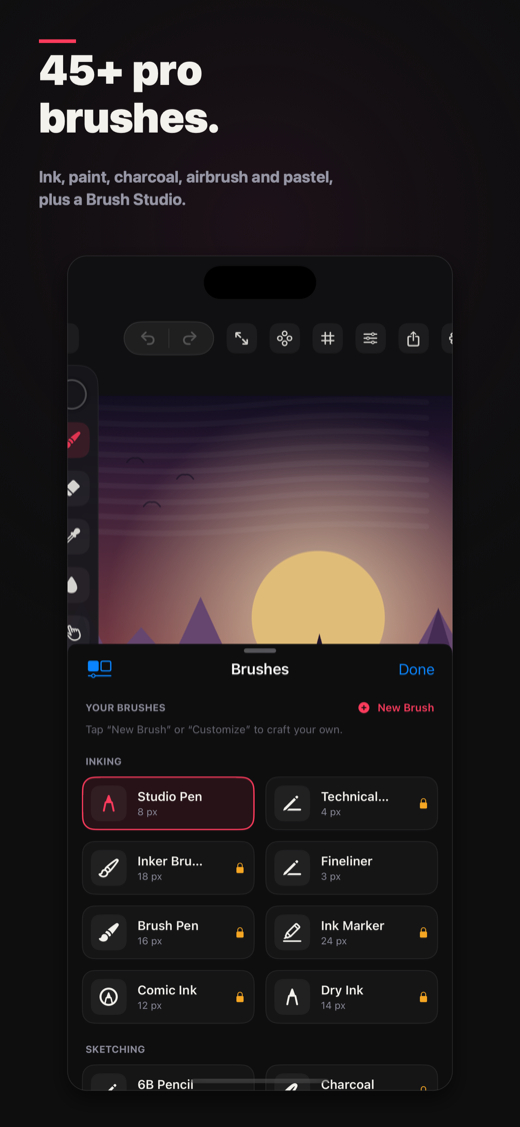 FORMA brush library — ink, paint, charcoal, pencils