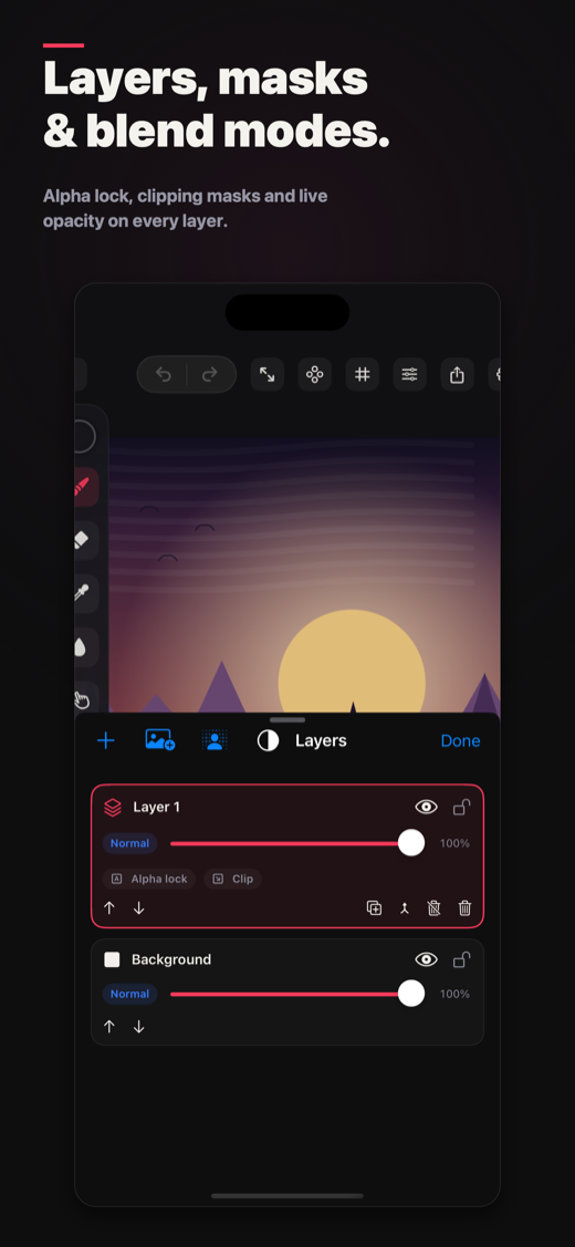 FORMA layers panel with masks and blend modes