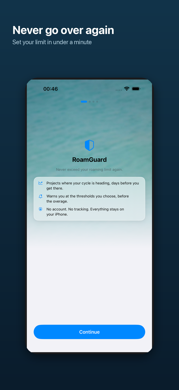 RoamGuard welcome screen listing projection, threshold alerts and on-device privacy.
