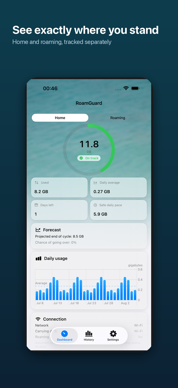RoamGuard dashboard: a ring showing 11.8 GB left with an On track badge, tiles for used, daily average, days left and safe daily pace.