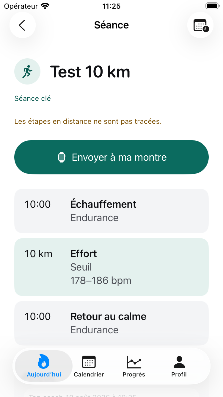 A Trainora session screen showing a key 10 km test: a prominent Send to my watch button, then the steps — ten minutes warm-up in the endurance zone, 10 km at threshold with a 178–186 bpm target, ten minutes cool-down.