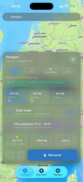 Fiche de route WayCar pour Paris – Stuttgart : quatre choix d’itinéraire, une ligne zone à faibles émissions mentionnant Crit’Air et Umweltplakette, l’ETA prédictive et le coût en euros, CO₂ et litres.